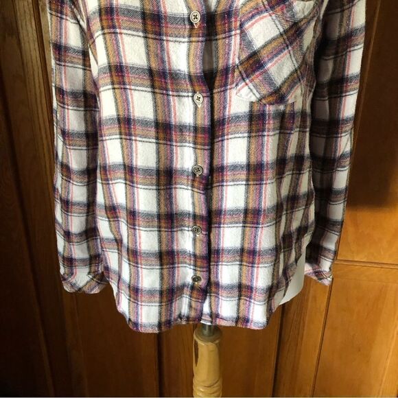 Anthropologie Cloth & Stone Blue Plaid Button Metallic Flannel Top - L - Picture 4 of 11